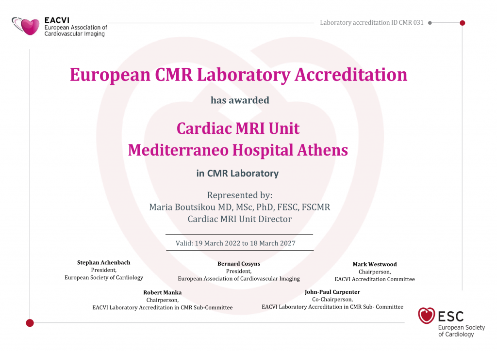 CMR031 Certificate V2 1 1024x724 - European CMR Laboratory Accreditation for the Cardiac MRI Unit of Mediterraneo Hospital