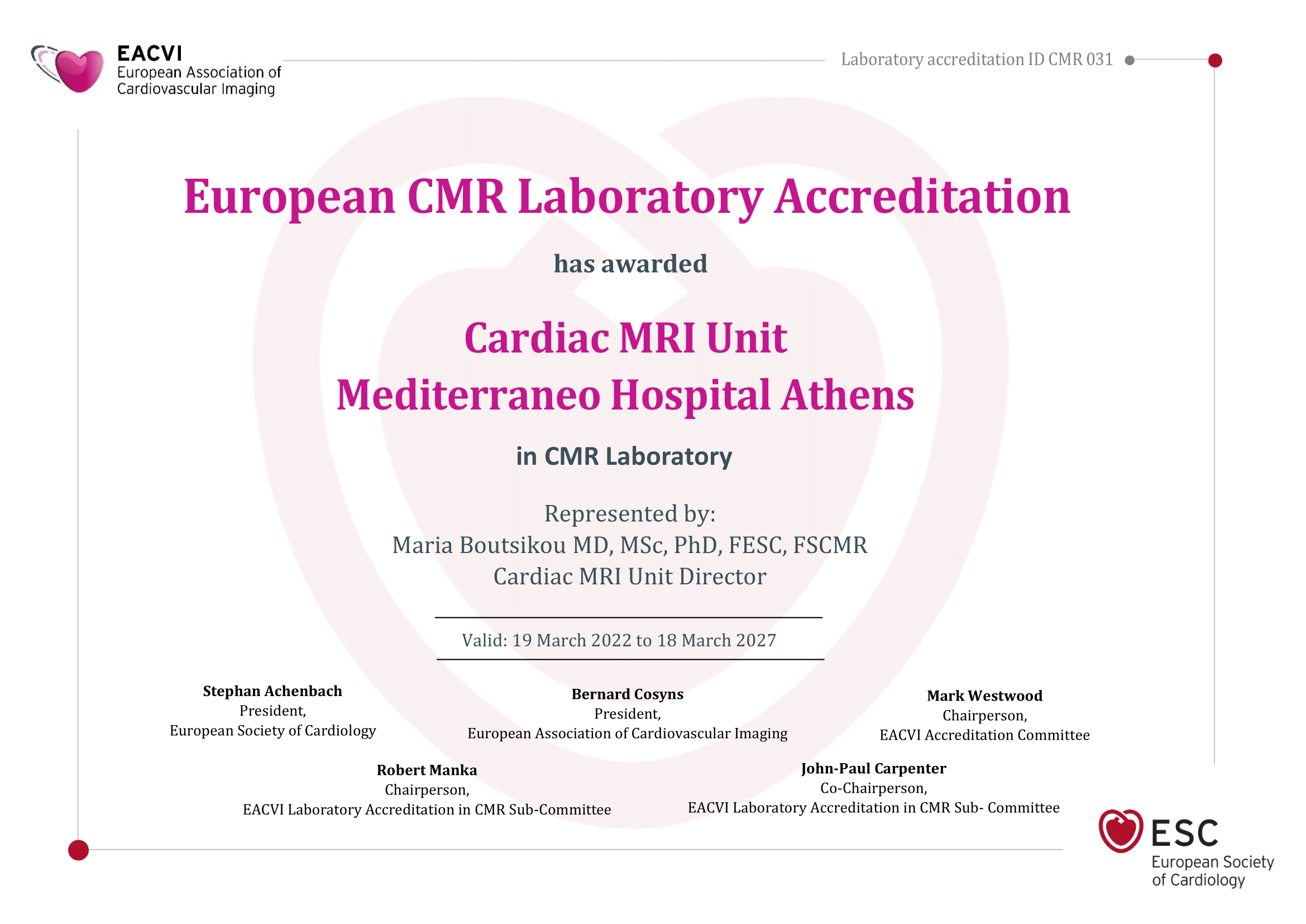 CMR031 Certificate V2 1 - Πιστοποίηση της Μονάδας Μαγνητικής Τομογραφίας Καρδιάς του Mediterraneo Hospital από την Ευρωπαϊκή Ένωση Καρδιαγγειακής Απεικόνισης!